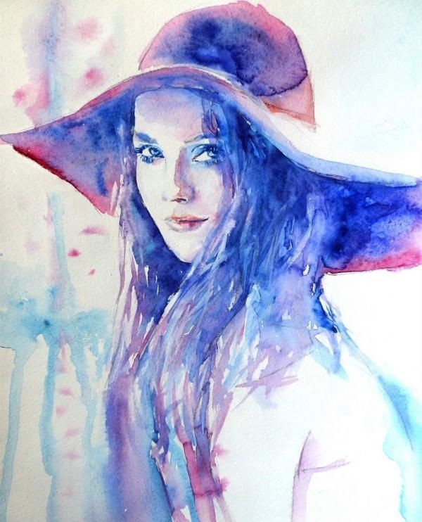 In the lilac hat Watercolor Paintings by Lana Khav...