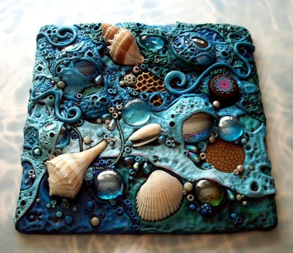 Mosaic Art Tile, Polymer clay, Found Objects, Sea...