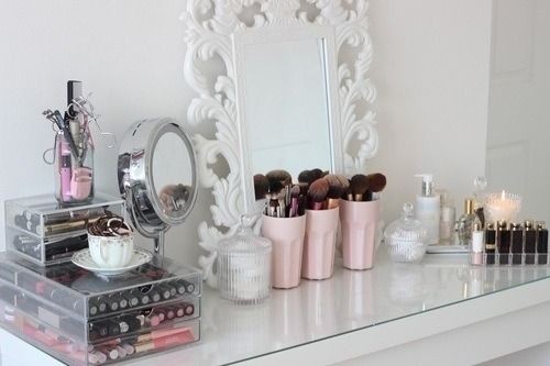 Vanity girly room pink decor makeup white mirror d...