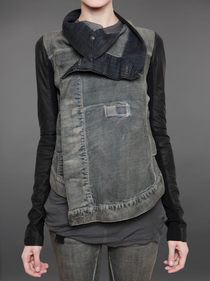 BIKER JACKET IN DENIM WITH LEATHER SLEEVES AND DOU...