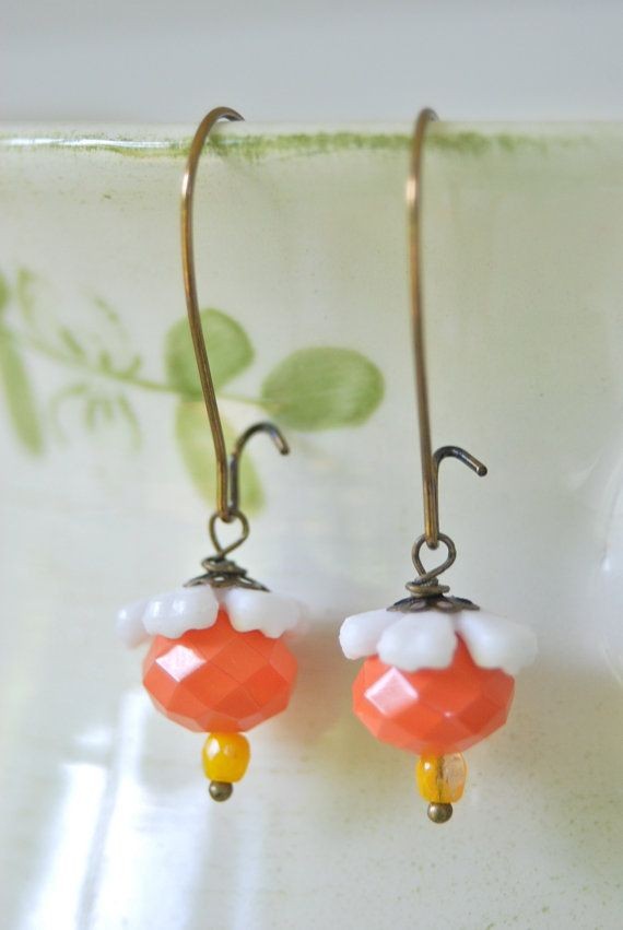 Tangerine bloom.  flower beaded dangle earrings. b...