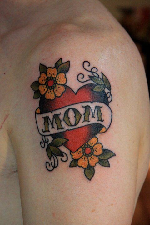 american traditional mom heart tattoo with floral...