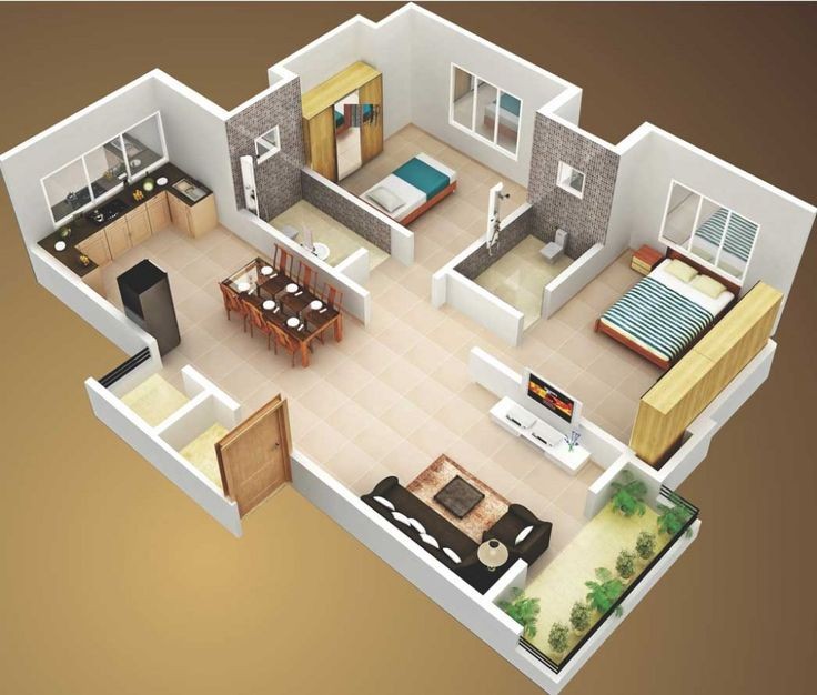 3D Small House Plans 800 sq ft 2 Bedroom and Terra...