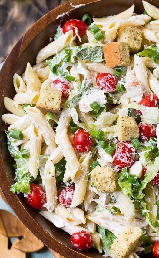 Chicken Caesar Pasta Salad with an easy and creamy...