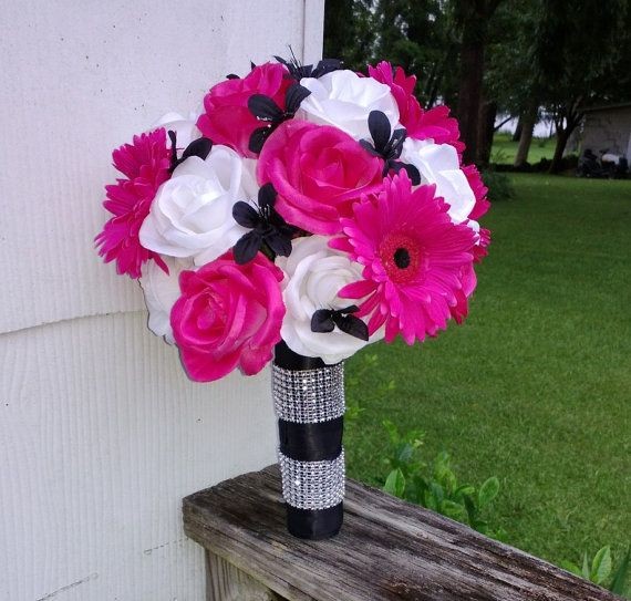 Hot Pink White Black Bridal Set Pink Bouquet by Si...
