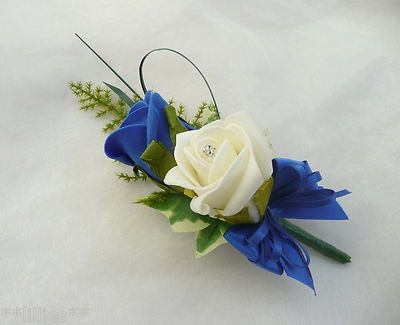 Grooms Double Rose Buttonhole Ivory & Royal Bl...