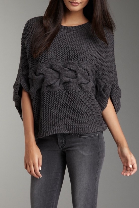 Sideways knit sweater--with central cable detail.