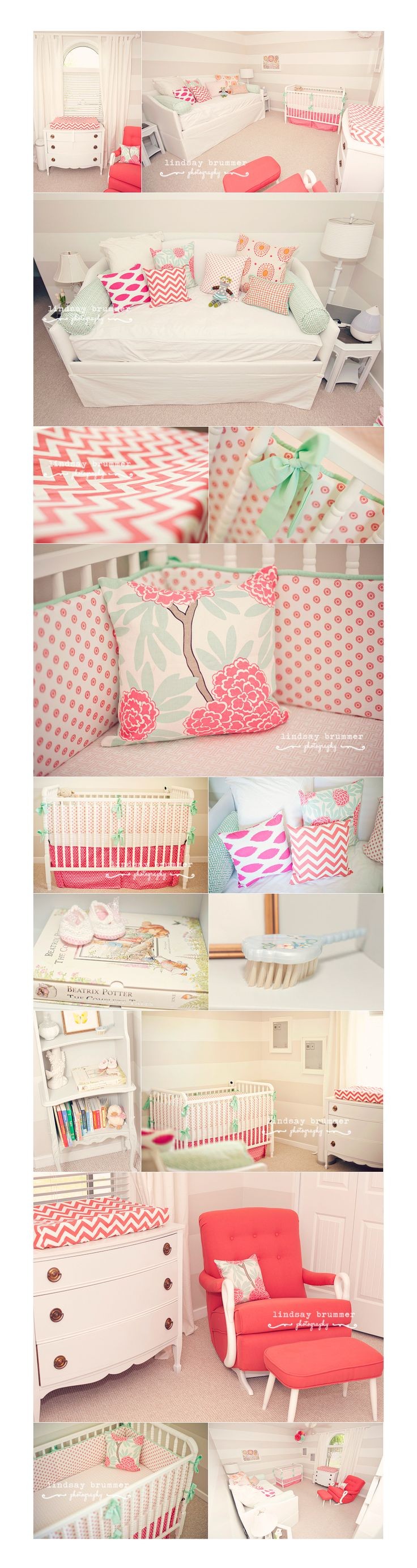 baby girl nursery in coral and lots of prints