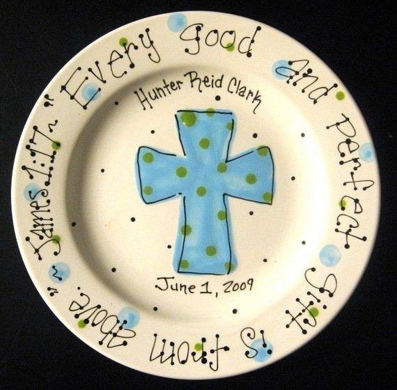 Baptism Plate - Hand Painted Baby Plate with Cross...