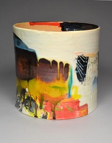 Lauren Mabry ceramic cylinder abstract runny glaze...