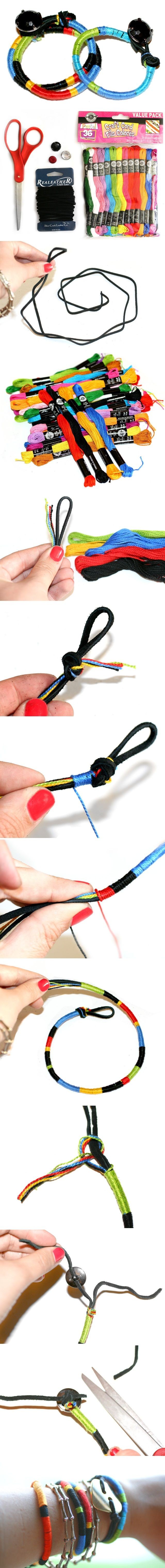 Tutorial, leather cord with color embroidery threa...