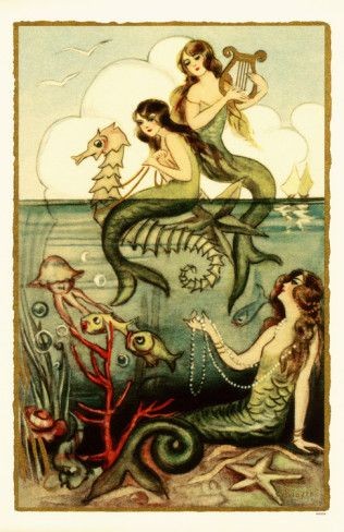vintage mermaid art - seahorses