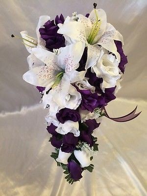 Purple-White-Wedding-Bridal-Bouquet-Cascade-Silk-F...
