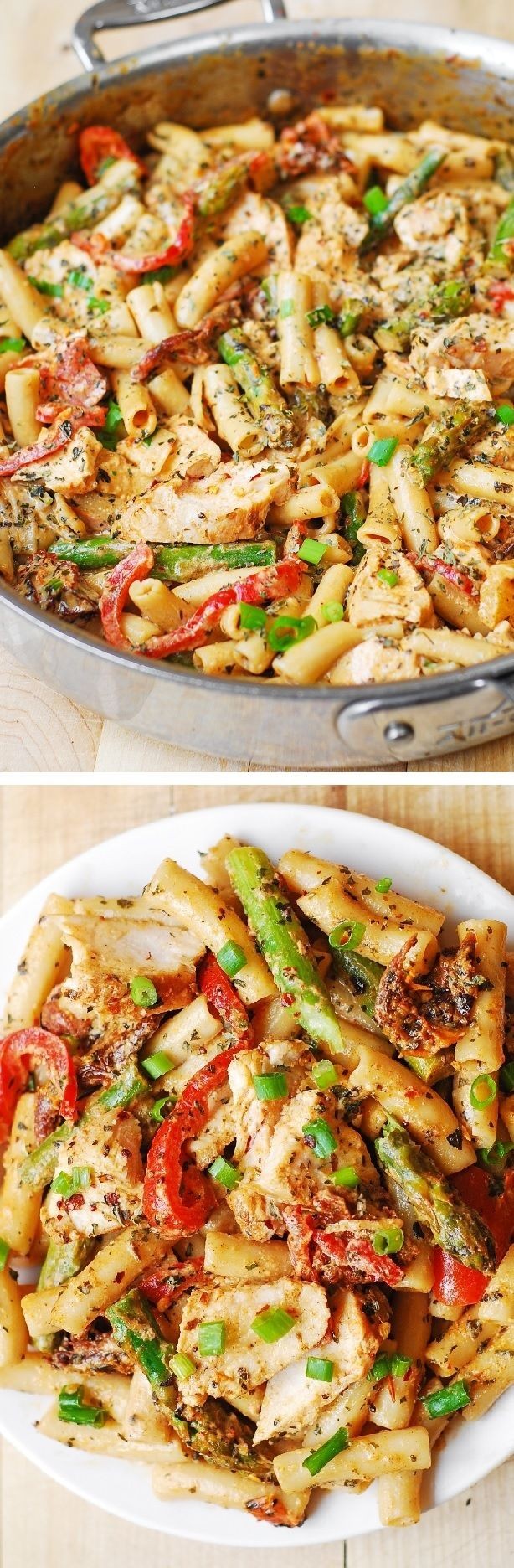 Chicken Alfredo Pasta with Bell Peppers, Asparagus...