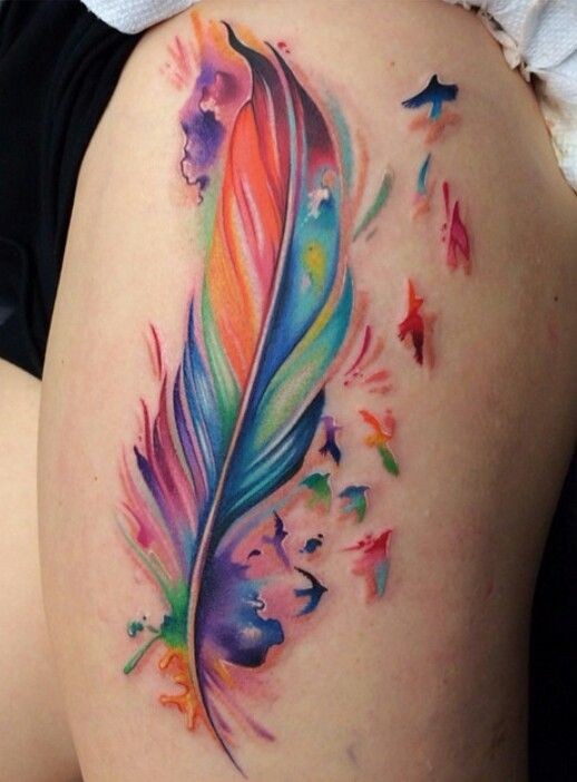 Amazing colors.. watercolor feather tatoo!! So col...