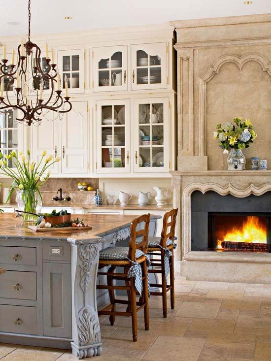 French Country Kitchen.. Fireplace in the kitchen....
