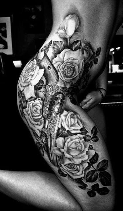 Black and Grey Rose tattoo hip