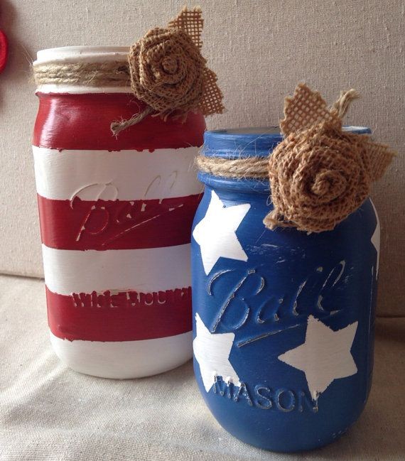 Patriotic red white and blue painted mason jars ru...