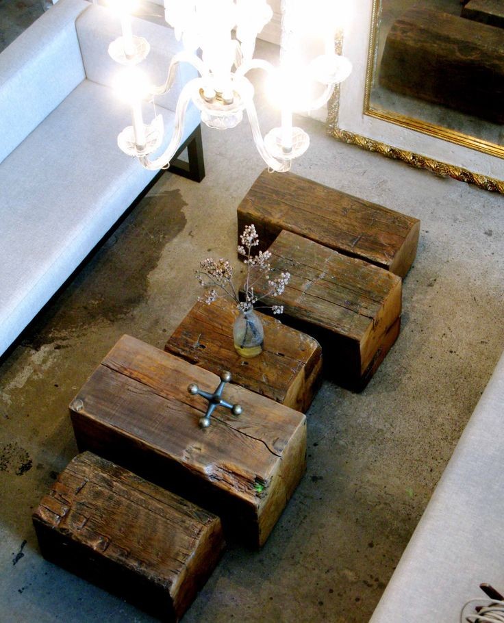 old blocks of wood are now coffee tables - gorgeou...