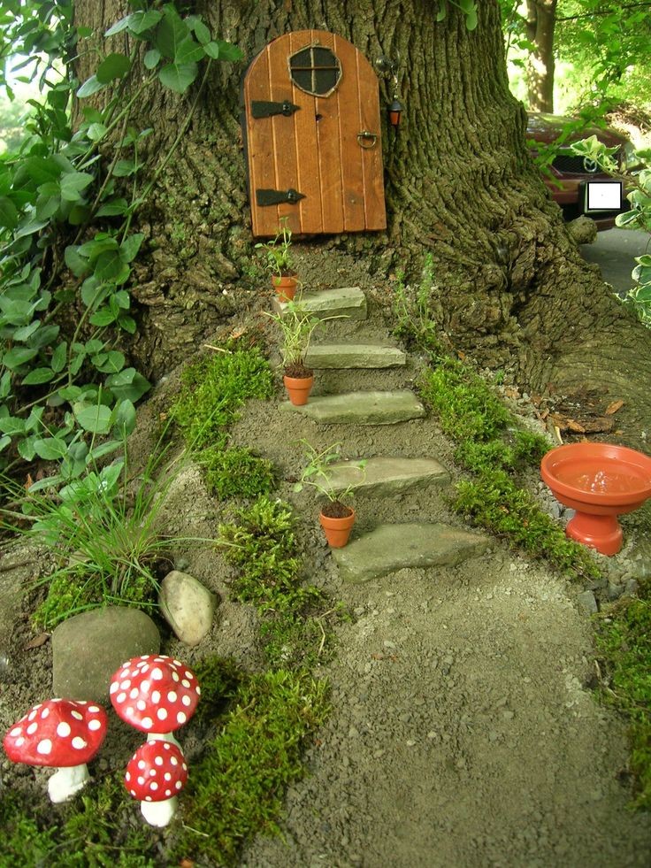 steps, miniature door in a "tree trunk for a fairy...