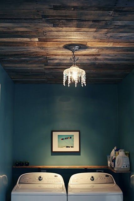 A wood plank ceiling with the popping wall colors....