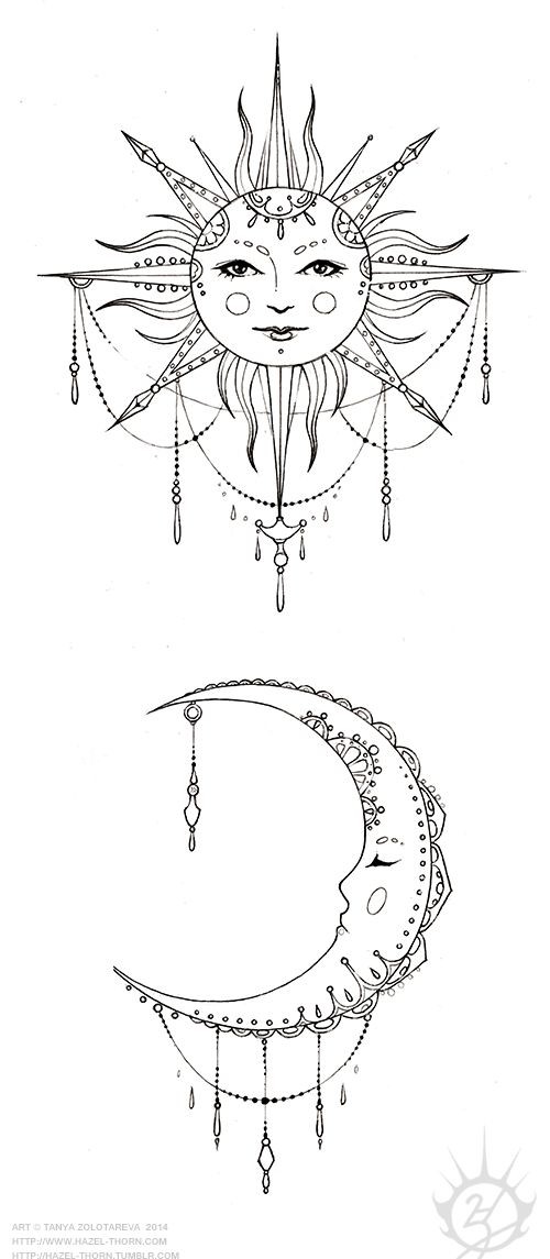 hazel-thorn — Bohemian Sun and Moon, tattoo...