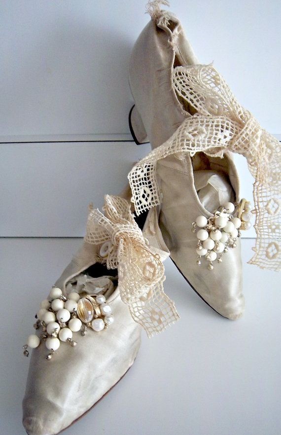 Victorian Edwardian Antique Wedding Silk Shoes Sli...