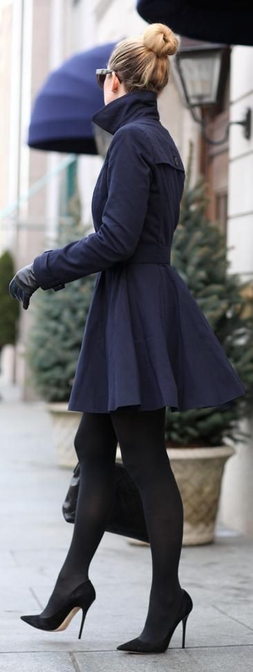 Navy trench coat & Black hose and pumps...love...