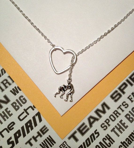 Wrestling charm and heart, silver, lariat necklace...