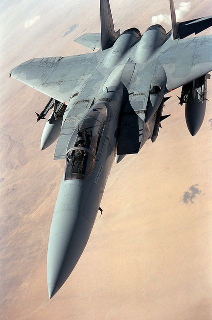 A U.S. Air Force F-15 Eagle aircraft flies a patro...