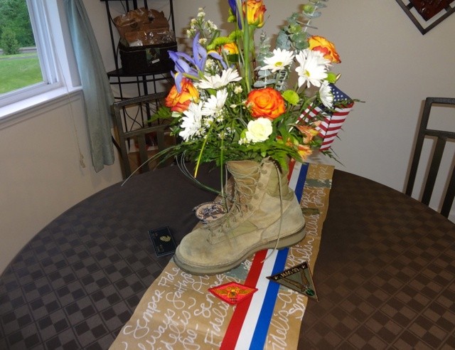 Flowers in boots and DIY table runner