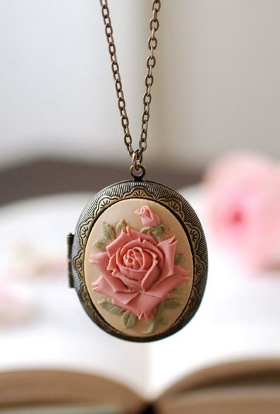 Large Rose Cameo Locket Necklace. Vintage Inspired