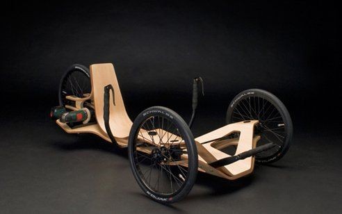 An all wood recumbent trike with drill powered ele...
