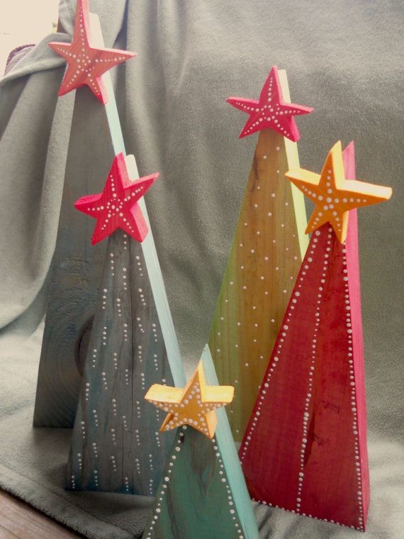 Primitive Wooden Christmas Trees with Stars.  The...