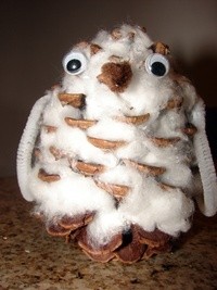 Bird Crafts - pine cone owl with cotton. So cute!