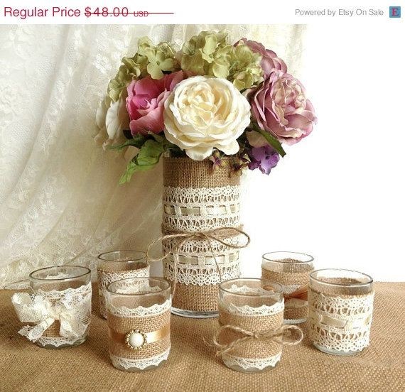 CHRISTMAS IN JULY SALE burlap and lace tea candles...