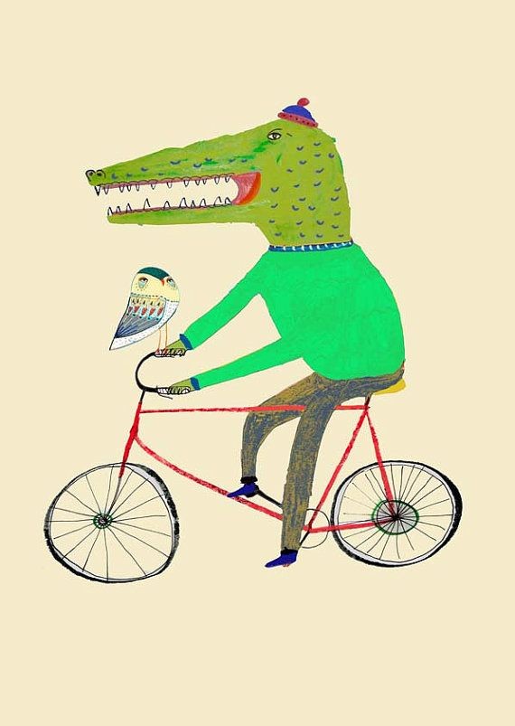 Croc and Owl on Bike. Limited edition art print by...