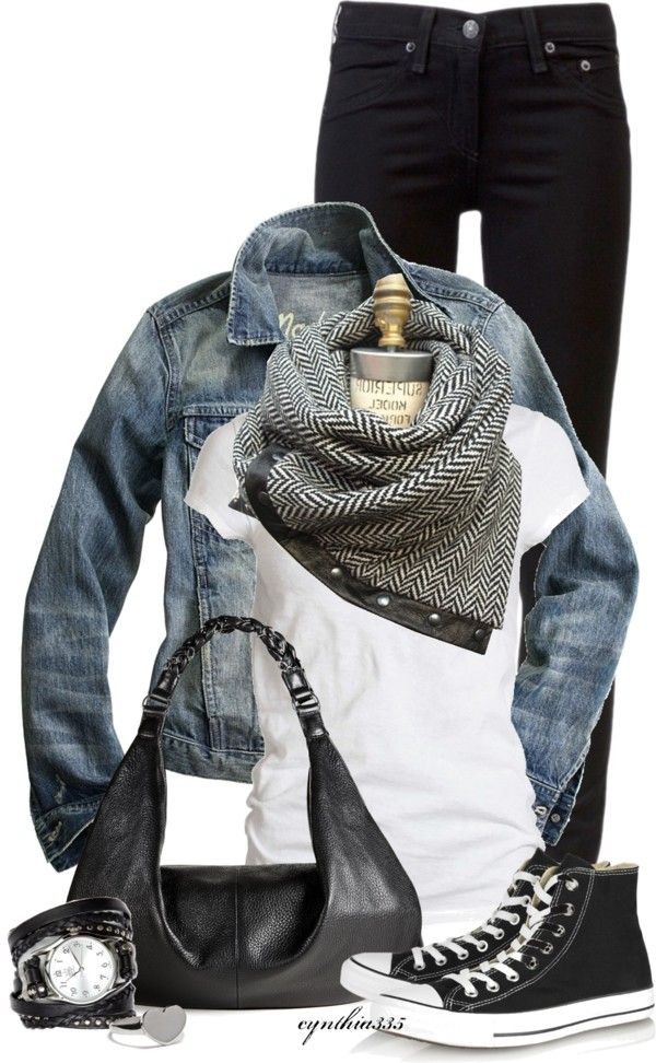 love the scarf_ Black jeans, black converse, white...