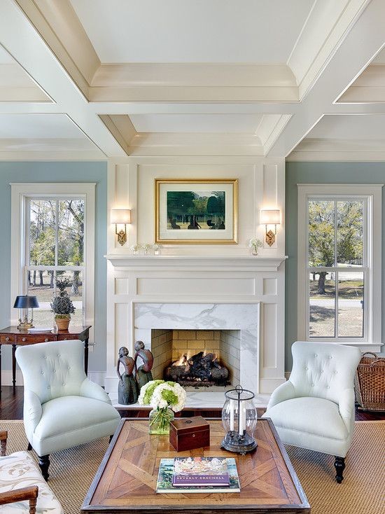The way the fireplace is handled here-- white marb...