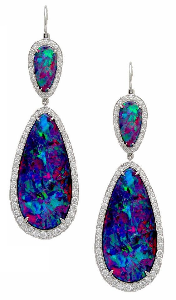 Platinum, Black Opal and Diamond Earrings from the...