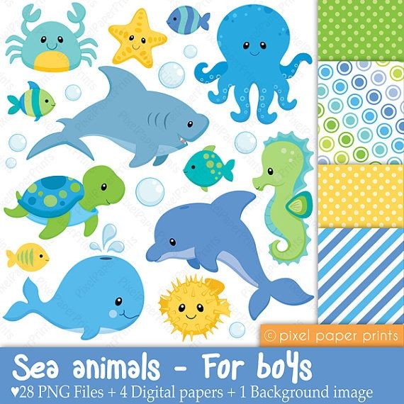 Sea animals for boys  Clip art and digital by pixe...