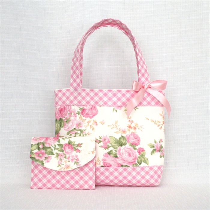 Mini Tote Bag & Purse - Pink & Cream Flora...