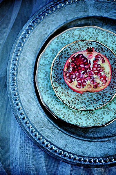 Lovely blue tableware, and a scrumptious pomegrana...