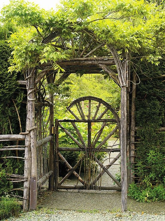 A rustic gate of cedar and willow is a fitting wel...
