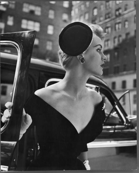 Vintage fashion photography ~ Black V neck dress w...