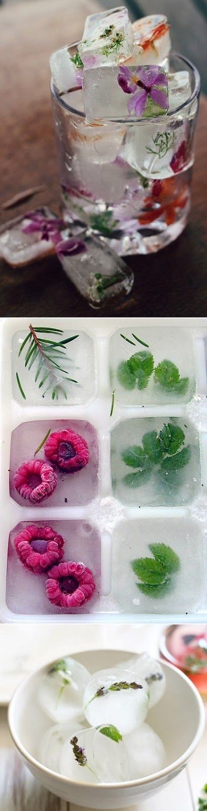 DIY :: edible flower ice cubes, raspberry + herbs...
