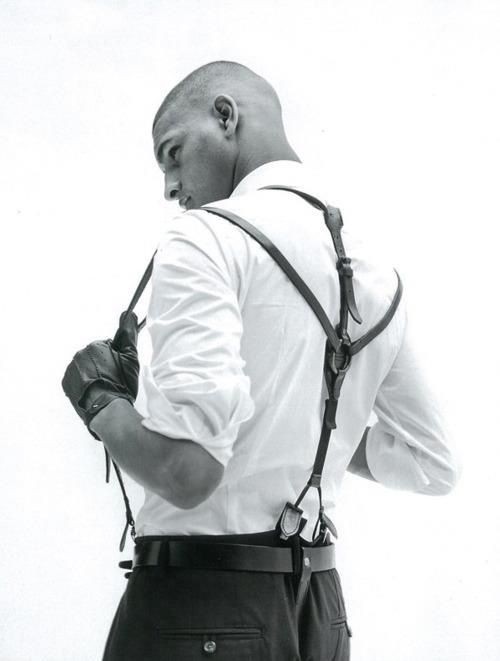 Leather suspenders. B/W.