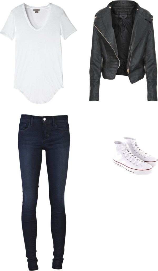 White tee, Leather Jacket, Skinny Jeans/leather le...