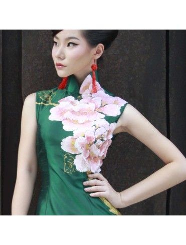 Hand painted long cheongsam dress - gorgeous green