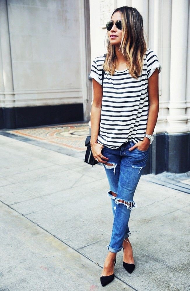 Classic striped tee and ripped jeans combo